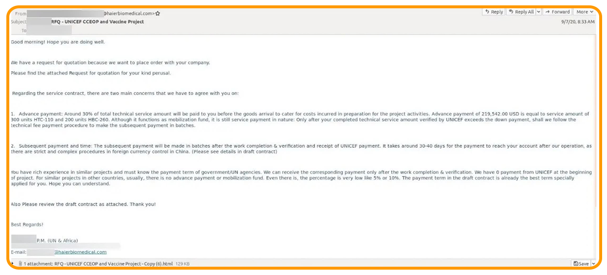 نمونه ایمیل ارسالی توسط هکرها به شرکت های تولیدکننده واکسن Covid-19